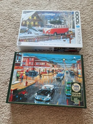 Christmas Puzzles Retro Cars Volkswagon Van 1000 Pieces Lot Of 2 Please Read EX - Image 1 of 4