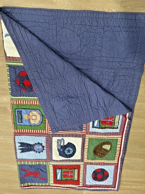 Pottery Barn Kids Sports Appliqué Embroidered Quilt Reversible Patchwork Blanket - Image 1 of 4