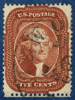 [VP15] USA 1858 Scott#28a used 5¢ Indian red VERY FRESH "NICE LOOKING STAMP" - Image 1 of 2