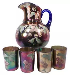 Fenton Kirschblüten Krug 4 Becher blau Karnevalsglas blau antik 1919 - Bild 1 von 12