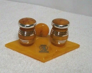 Vintage BERLIN Salz & Pfefferstreuer Set Bakelit Tablett/Halter Sterling Silber Intarsien? - Bild 1 von 9