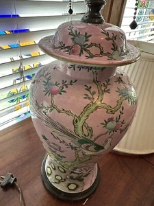 Magnificent Vintage Chinese Ginger Jar Type Lamp Pink Stoneware Fruit Tree Bird - Picture 1 of 8