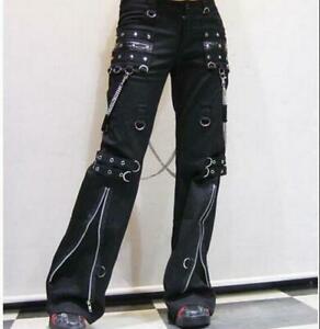 Womens hip hop gothic bell-bottoms punk pant chain rock Motorcycle trousers Chic