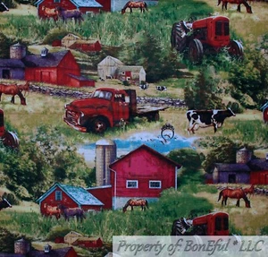 BonEful Fabric FQ Cotton Quilt VTG Green Grass Tree Farm Red Barn Truck Horse UK - Picture 1 of 14