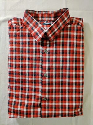 Camisa elástica masculina Perry Ellis xadrez vermelha branca e azul algodão elastano G vintage nova sem etiquetas - Imagem 1 de 4