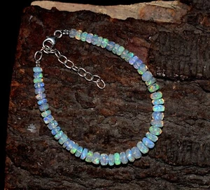 925 Sterling Silver Natural Ethiopian Welo Fire Opal Gemstone Beads Bracelet 7" - Picture 1 of 8
