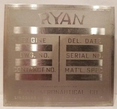 Новый из старых запасов Ryan Aeronautical Co. Сан-Диего, Калифорния Табличка данных авиационного двигателя новая - Изображение 1 из 3