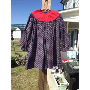 Vintage Handmade Girls Dress 3T 4T Kids Red Navy Blue Hearts Print Retro READ - Picture 1 of 7