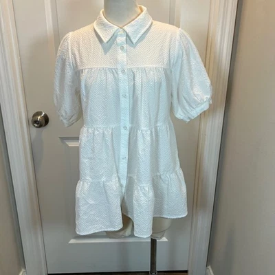 JODI FL White Textured Button Front Tiered Puff Sleeve Shirt Dress Size L - Image 1 of 4