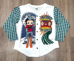 Vintage Betty Boop Shirt Womens XL 90s Go Betty Plaid Sleeve USA Jersey Top READ - Picture 1 of 11