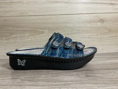 Sandalias zueco Alegria Fiona de cuero a rayas azules con tres correas talla UE 36 EE. UU. talla 6 Foto 1 de 4