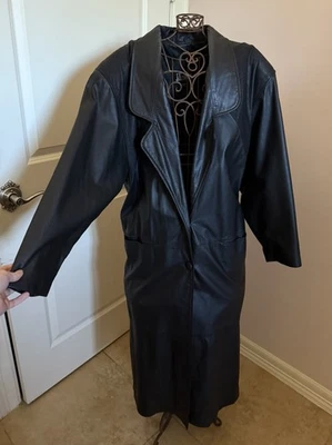 De Colección Comint Negro 100% Cuero Genuino Trench Coat Chaqueta Talla Mediana Botón Delantero Foto 1 de 4