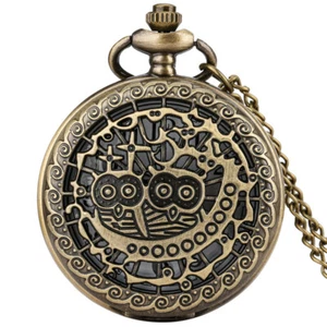 Vintage Style Hollw Out Owl Pattern Arabic Number Quartz Pocket Watch Chain Gift - Picture 1 of 11