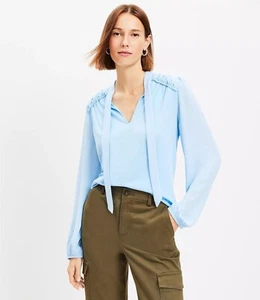 NWT Ann Taylor Loft Textured Shirred Tie Neck Mixed Media Top Size XS Shore Blue - Picture 1 of 1