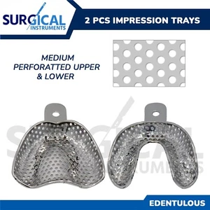2 Metal Dental Impression Trays set Medium Perforated Upper & Lower Edentulous - Picture 1 of 10