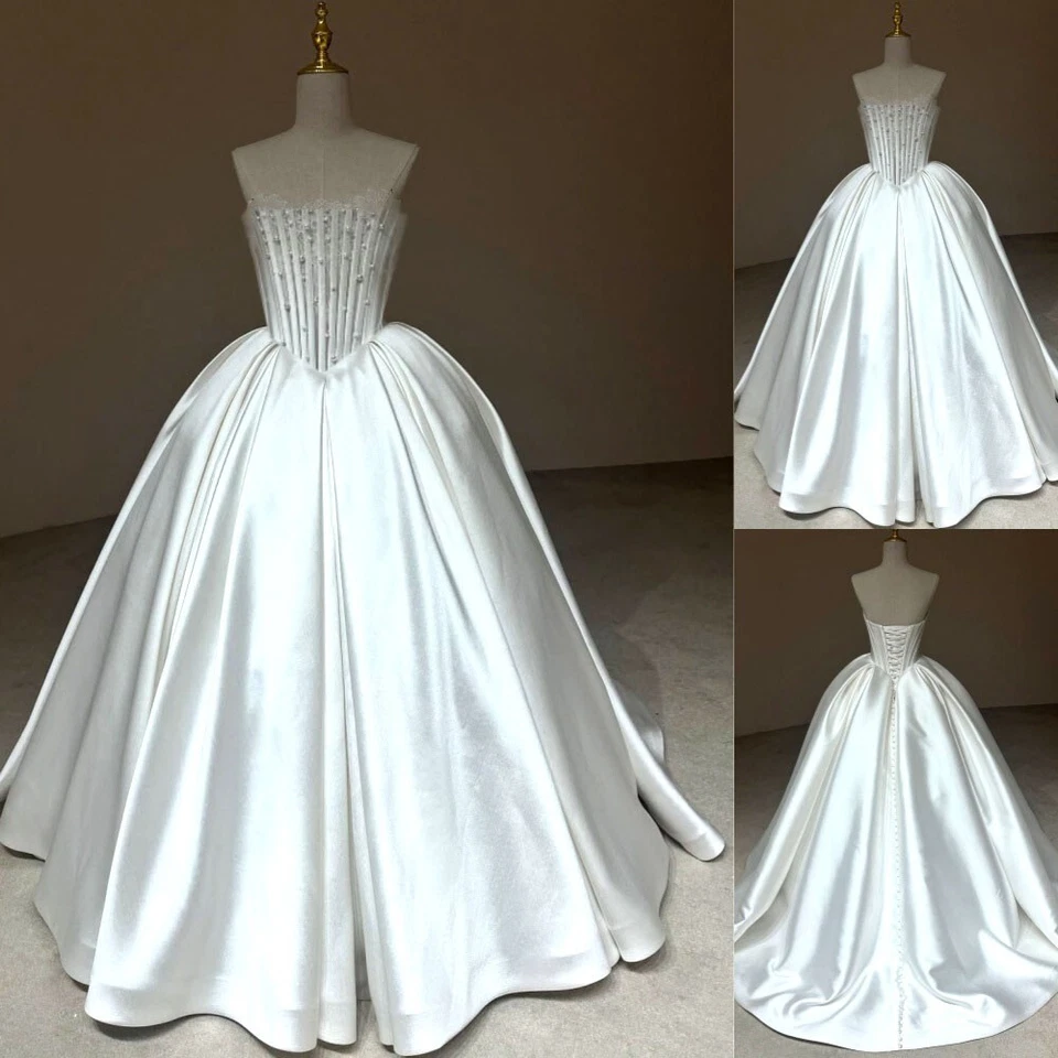 Elegantes Vestidos de Novia con Perlas Hombro Descubierto Vestido de Novia Satén Vestidos de Baile Foto 1 de 4