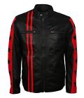 Men&#39;s Red Stripes Black Star Leather Jacket 100% Pure Leather Moto Biker Jacket