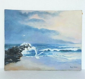 Vintage Ölgemälde Leinwand Ozean Meereslandschaft Möwe signiert Muriel Jansen 18" x 14 - Bild 1 von 11