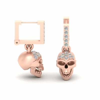 Created Diamond Skull Earrings Gothic Skull Dangle Hoop Earrings Sterling Silver - Image 1 of 4