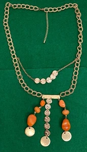 Gold Tone Long Necklace Orange Beads & Stones Hammered Metal abt 30" Chain  - Picture 1 of 7