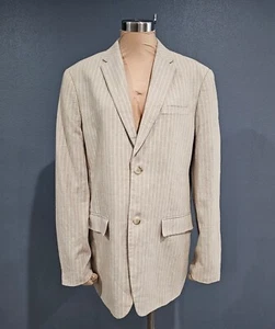PERRY ELLIS Beige White Pin Striped Linen Blend Single Button Blazer Jacket 42R - Picture 1 of 10