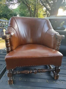Vintage Edwardian Style Leather Arm Chair 33"H x 28"D x 29"W Carved Arms - Picture 1 of 7