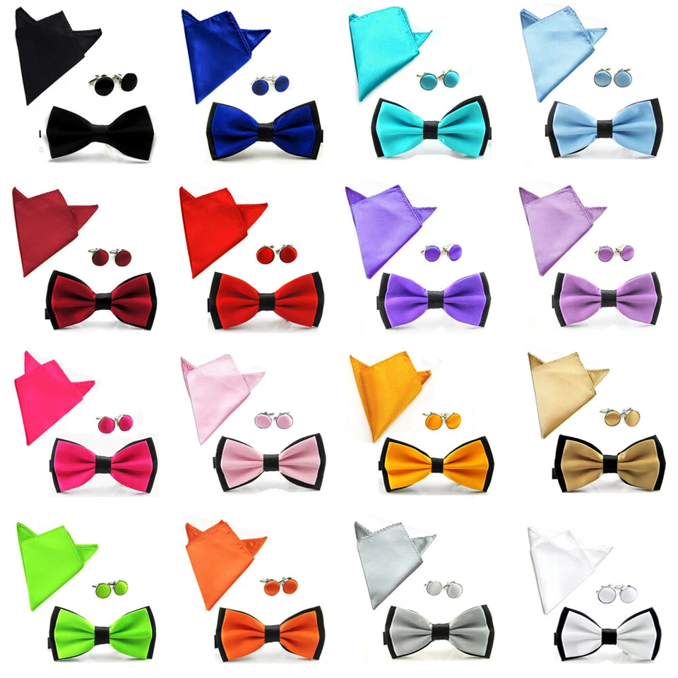 Men Satin Bow Tie Bowtie Handkerchief Pocket Square Hanky Cuff Link Wedding Set  - Image 1 of 1