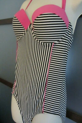 Downeast Basics Swimsuit Bathing Suit Pink Black White Molded Cups Striped M - Image 1 of 4