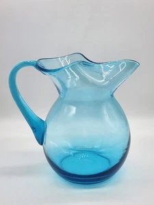 Vintage Aqua Blue Glass Pitcher with Applied Handle Ice Lip 8" Tall - Picture 1 of 15
