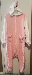 Hello Kitty Pink One Piece Fuzzy Plush Pajama Jumpsuit Drop Seat Flap Adult M - Picture 1 of 13