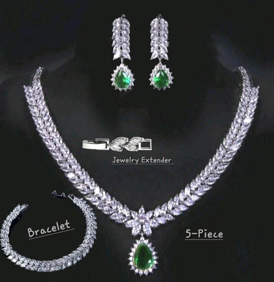 Платиновое покрытие 18k изумрудно-зеленое ожерелье и серьги комплект созданный в лаборатории Swarovski - Изображение 1 из 4