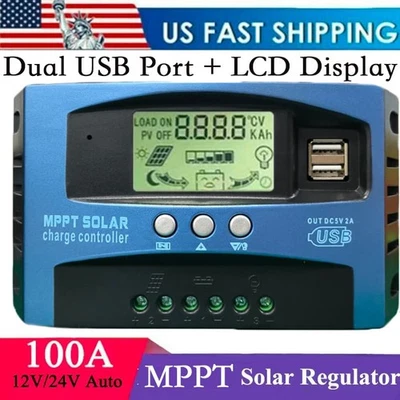 Controlador de Carga Solar MPPT 100A Pantalla LCD 12V 24V Controlador Solar Doble USB Foto 1 de 4