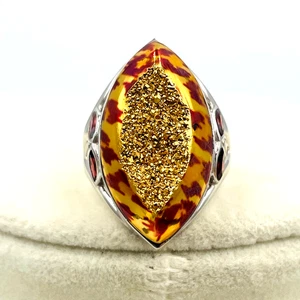 Sajen Silber Fenster Druzy Astral Leopard Ring Gold Granat Gr. 10 Heilung Boho - Bild 1 von 9