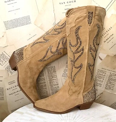 Free People Nashville Nights Cowboy Boot Tan Suede Pewter Rhinestones 39/9 NEW - Image 1 of 4