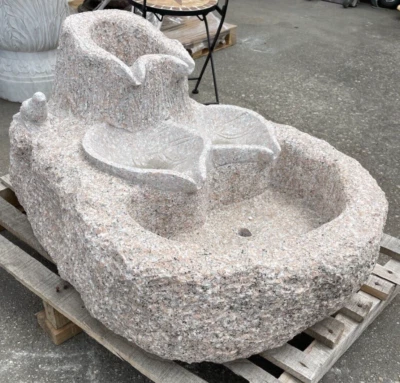 Unique Hand-Carved Granite Fountain with Leaves, Bird - Image 1 of 4
