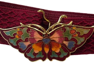 VTG 70s Cloisonne Butterfly Buckle Stretch Belt Burgundy OS Fits 26" - 32" - Picture 1 of 5