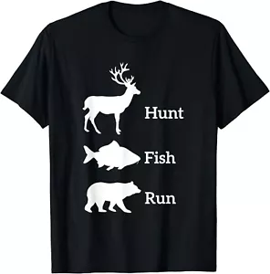 Funny Hunting Fishing Hunt Fish Run Bear Gifts Gift Unisex T-Shirt - Picture 1 of 3