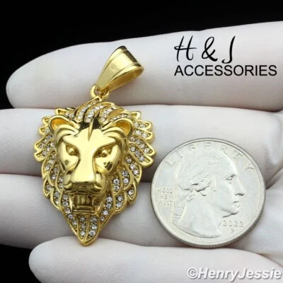 Colgante con dije de cabeza de león enchapado en oro 3D de acero inoxidable ICY Bling para hombre*AGP134 Foto 1 de 3