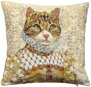 TABBY SISI ELIZABETHAN CAT  18" X 18" BELGIAN TAPESTRY CUSHION PILLOW COVER - Picture 1 of 7