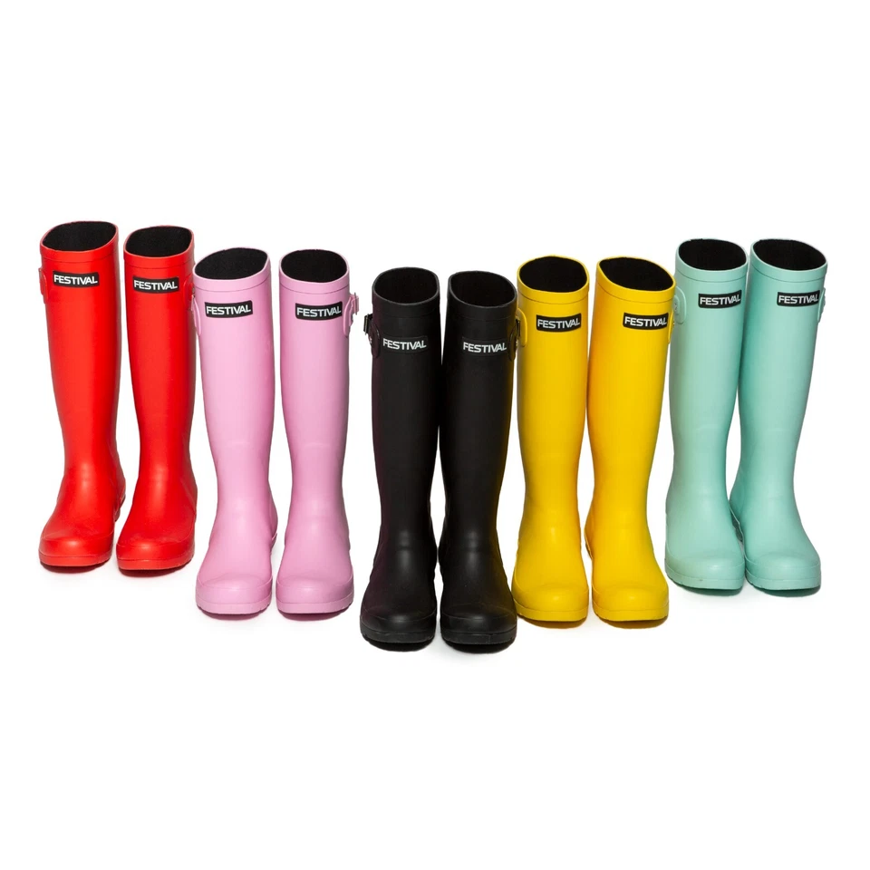 Womens Festival Adjustable RUBBER Slim Wellington Wellie Boots Neoprene Lined