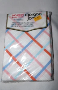Vintage Morgan Jones Pillowcases Plaid Cross Hatch Pattern White Orange Blue NOS - Picture 1 of 7