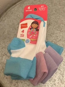 Hanes Girls Turn Cuff Socks Size Small shoe size 6-10.5 (4 pair pack) - Picture 1 of 7