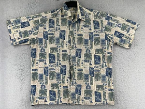 Pierre Cardin Shirt Mens Large Beige Blue Tile Palm Cocktails Hawaiian Margarita - Picture 1 of 14