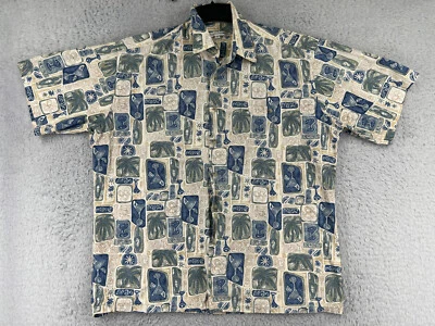 Pierre Cardin Shirt Mens Large Beige Blue Tile Palm Cocktails Hawaiian Margarita - Image 1 of 4