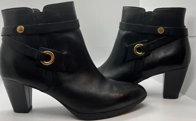 Botas negras Anne Klein Chelsey Mujer Talla 8.5 Cuero Tacones Tobillo Cremallera Dorado Foto 1 de 4