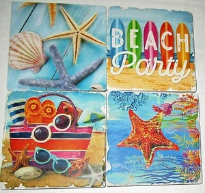 COASTAL Stoneware Coasters SET OF 4 BEACH PARTY/SEASHELLS 4" X 4" - Picture 1 of 2