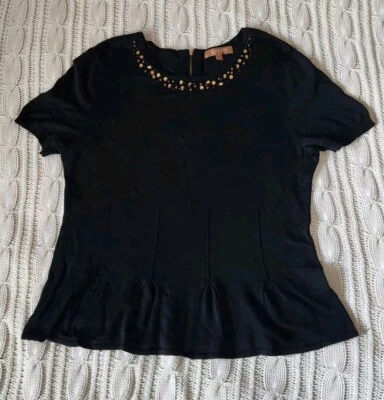 Blusa Grande Ellen Tracy Negra Peplum Manga Corta Escote Joyas Algodón Foto 1 de 4