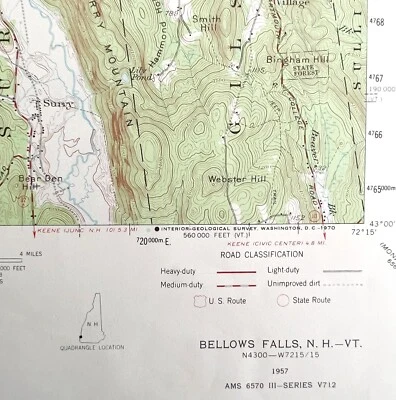 Map Bellows Falls NH Vermont 1957 Topographic Geo Survey 1:62500 22 x 18" TOPO3 - Imagem 1 de 2