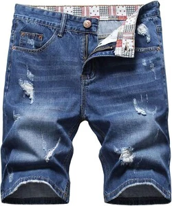 Men's Slim Fit Denim Shorts Ripped Printed Casual Summer Beach Style Jeans - Picture 1 of 30