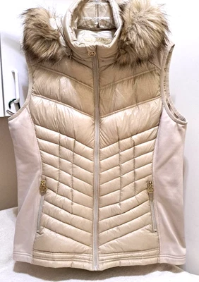 Chaleco Michael Kors Mujer XL Imitación Piel Borde Con Capucha Sin Mangas Acolchado Chaleco Abombado Foto 1 de 4